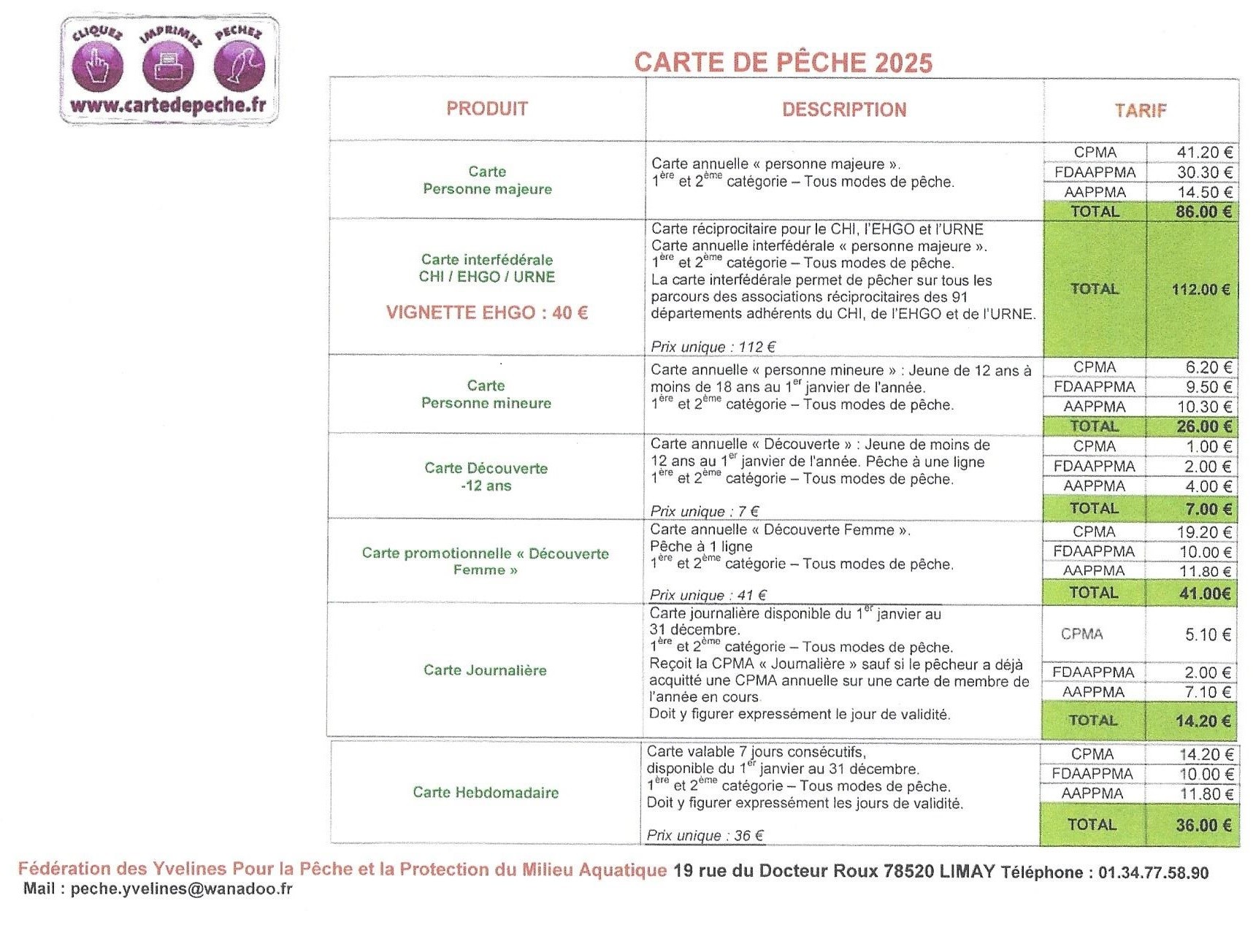 Tarif carte 2025