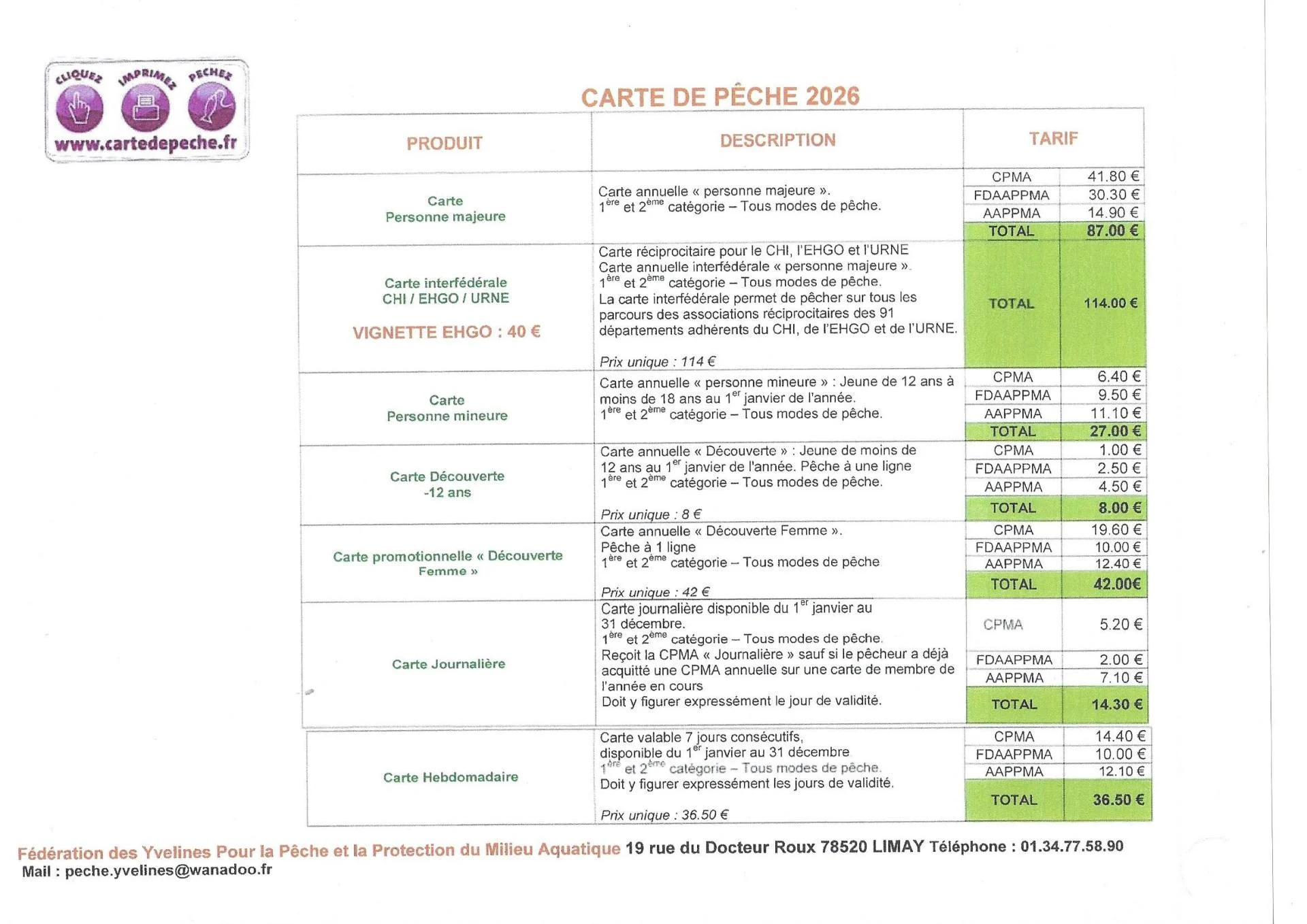 Tarif cartes 2026